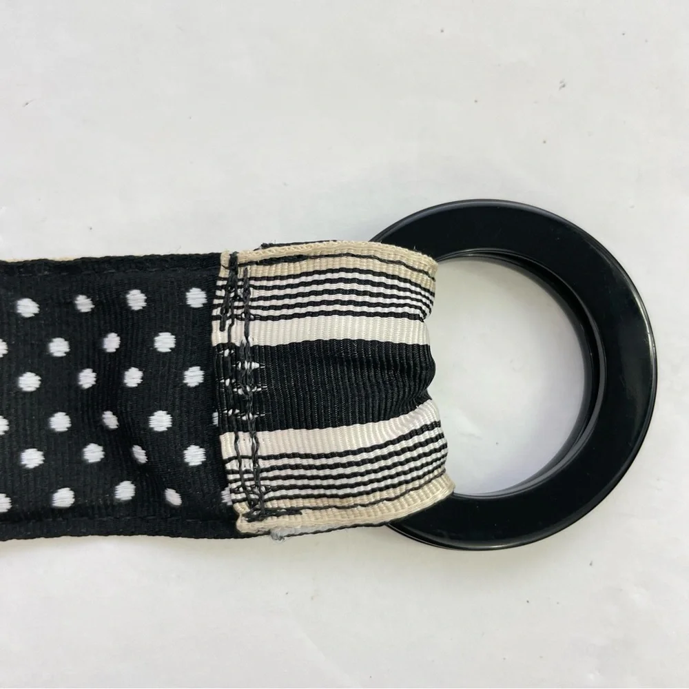Black White Polka Dot‎ Striped Reversible Ribbon Belt Double Ring